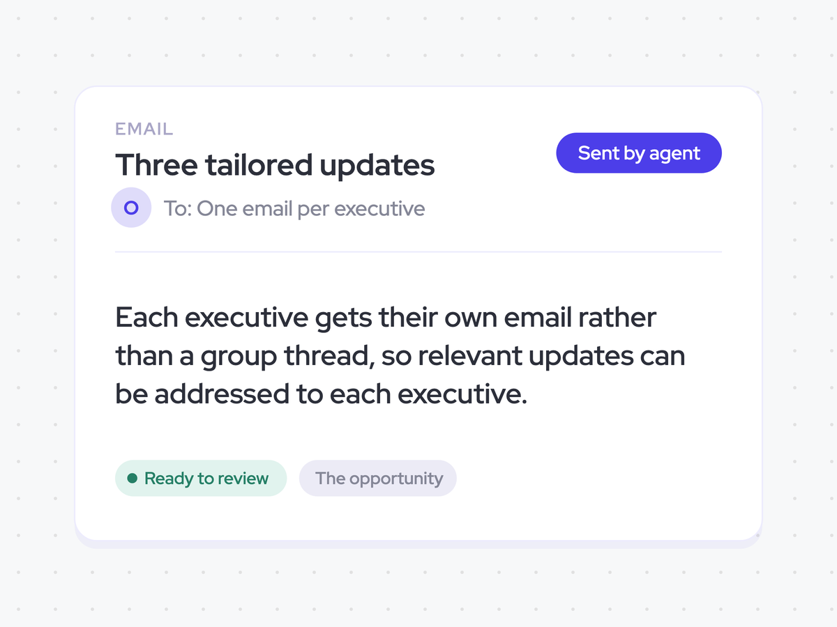 Three tailored weekly updates in separate emails to each executive