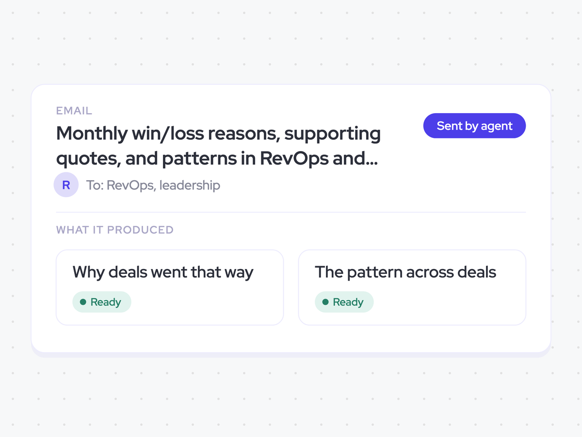 Monthly win/loss reasons, supporting quotes, and patterns in RevOps and leadership inboxes