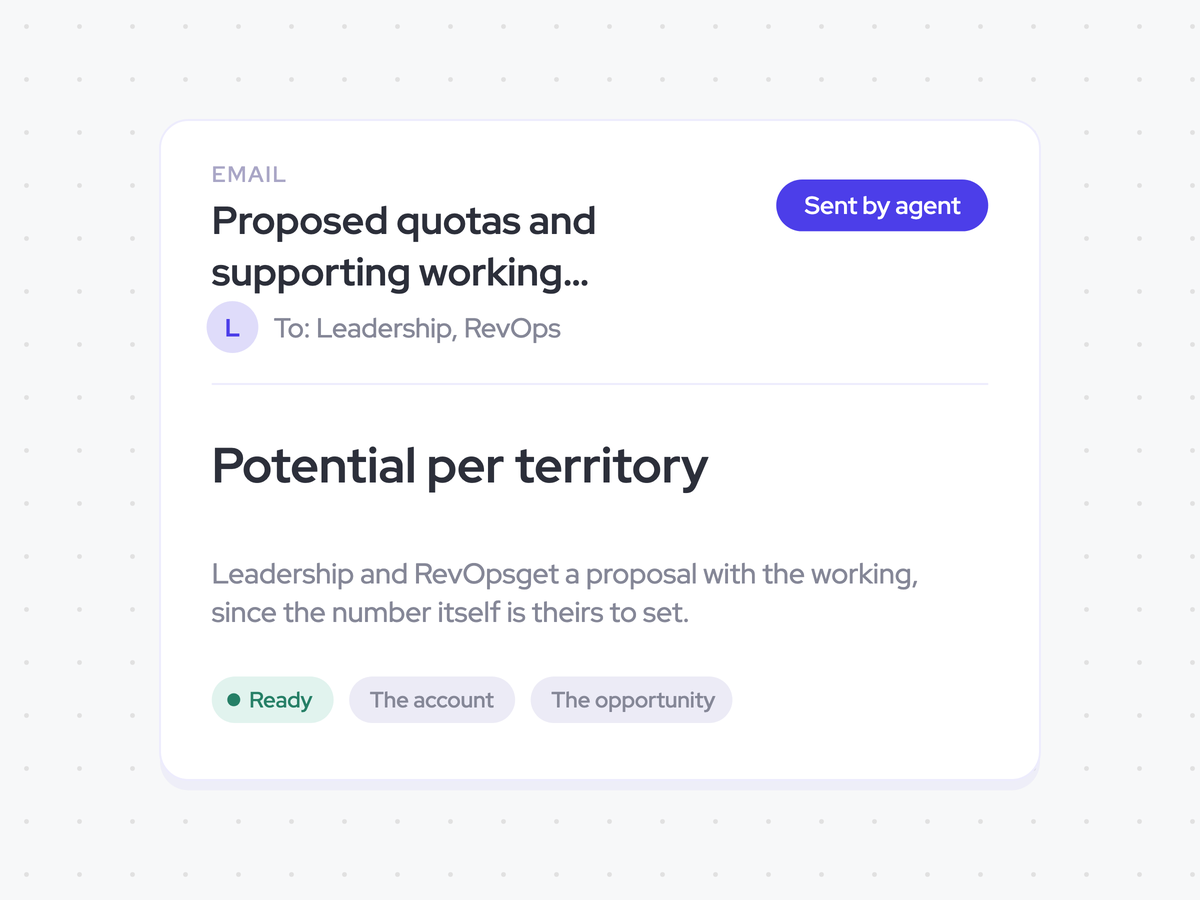 Proposed quotas and supporting working emailed to leadership and RevOps