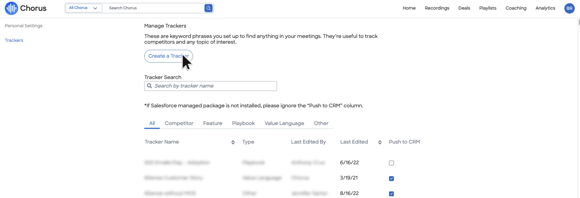 Chorus tracker manager showing the Push to CRM column and its Salesforce managed package requirement