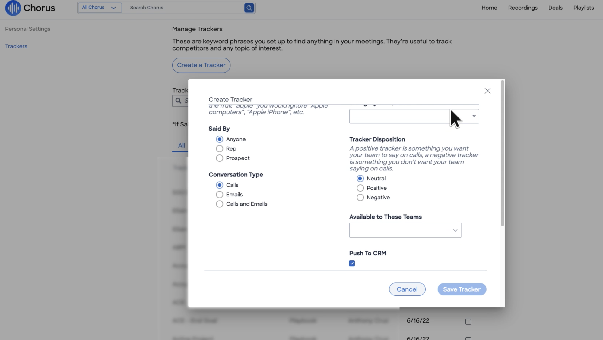 Chorus Create Tracker dialog with call and email scope, team selection, and a Push To CRM checkbox.
