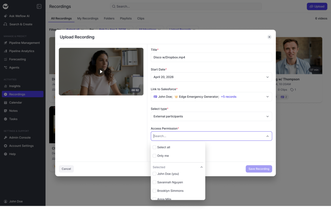 Weflow Upload Recording modal with title, start date, Salesforce record linking, participant type, and access permissions.