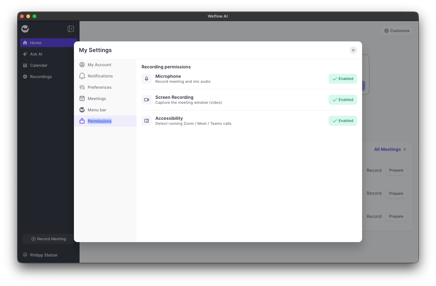 Weflow desktop app Permissions settings on macOS showing Microphone, Screen Recording, and Accessibility marked Enabled.