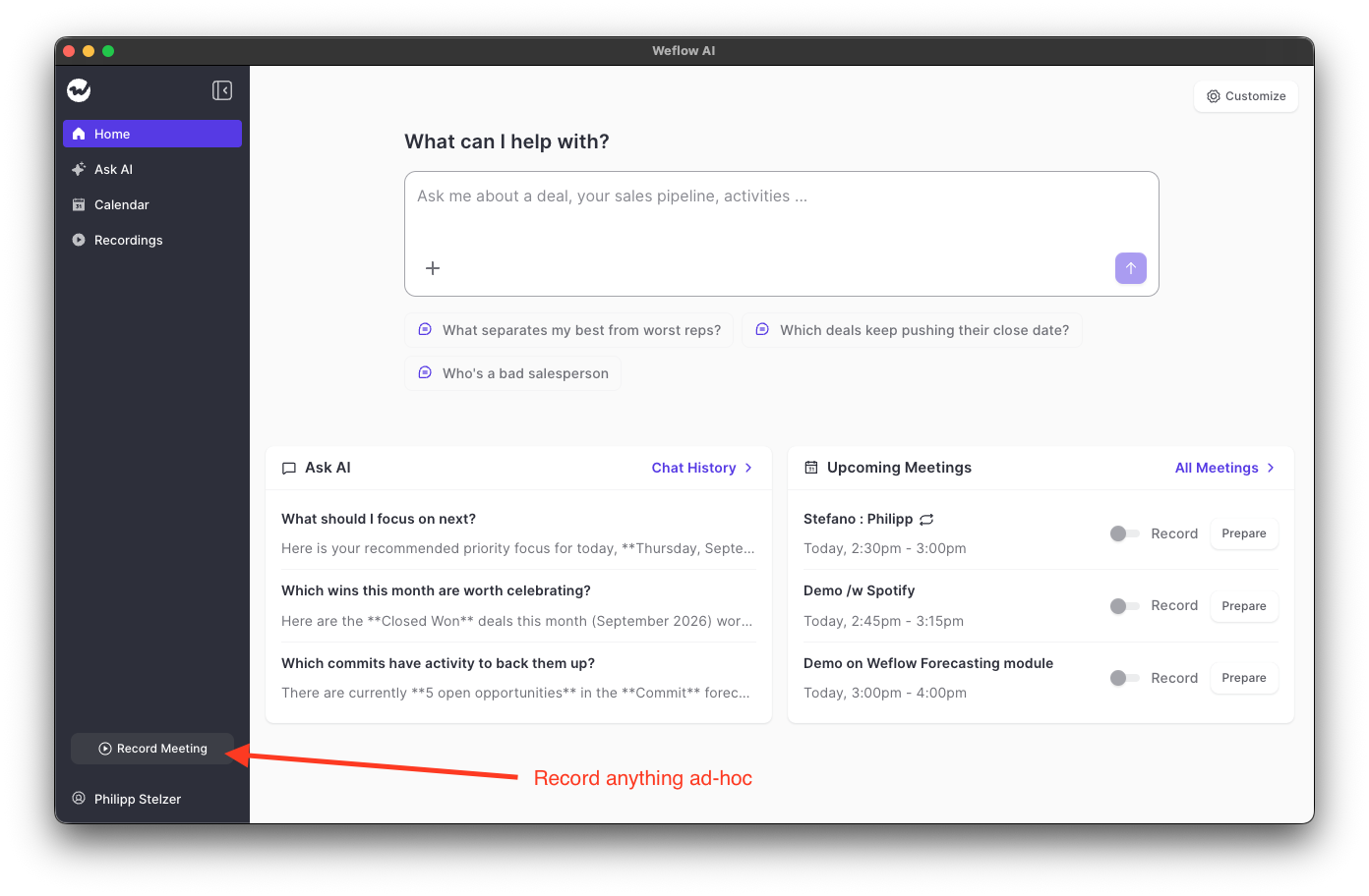 Weflow desktop app with an arrow pointing to the Record Meeting button for ad-hoc recording.