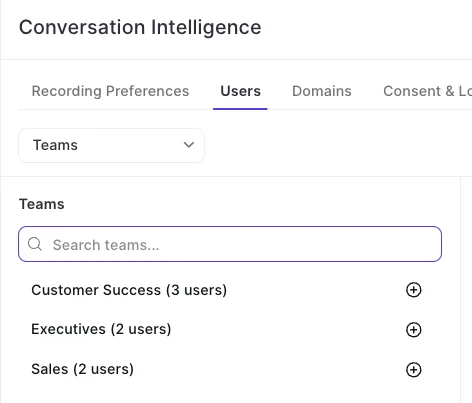 Weflow Conversation Intelligence Users tab with Teams selected, showing Customer Success, Executives, and Sales teams with their user counts.