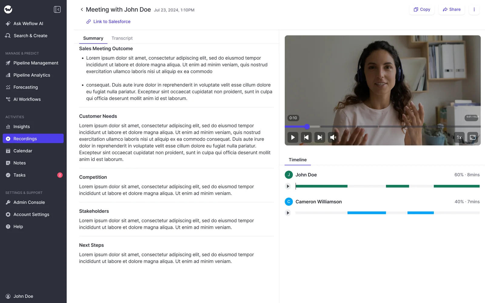 Weflow post-meeting summary with structured sections and speaker timeline