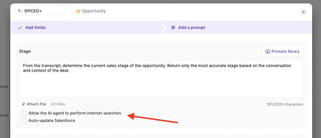 Weflow field-update prompt editor with the Auto-update Salesforce option unchecked
