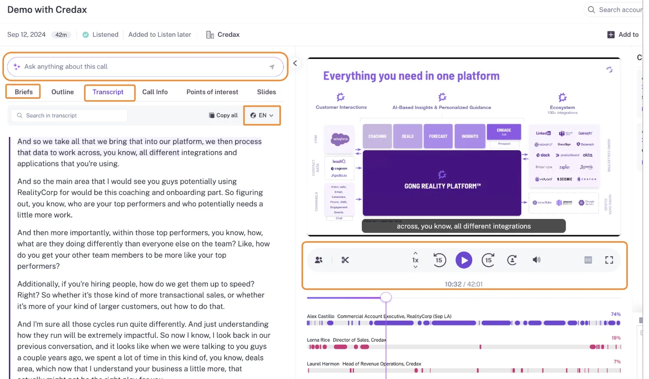 Gong call page with an Ask anything about this call bar, transcript tab open and a per-speaker talk time timeline.