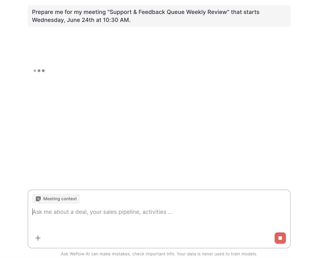 Ask Weflow AI chat with a meeting preparation question and a Meeting context chip attached to the composer
