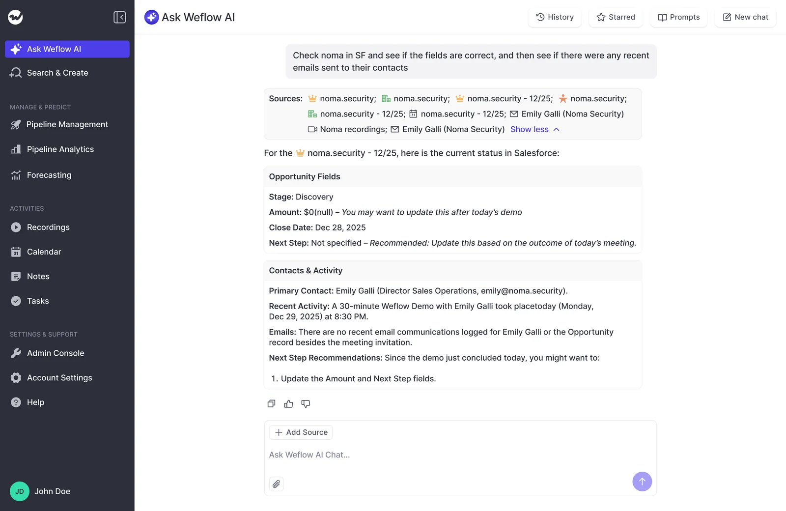 Ask Weflow AI answer with expanded sources across Salesforce records, contacts, calendar, emails, and recordings.