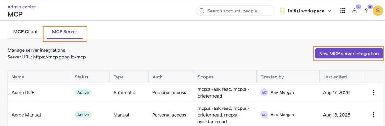 Gong Admin Center MCP Server tab listing two server integrations with their type, authorization and scopes.