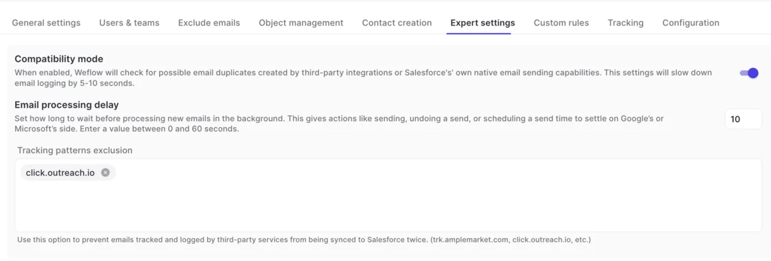 Weflow Expert settings showing compatibility mode and tracking-pattern exclusions