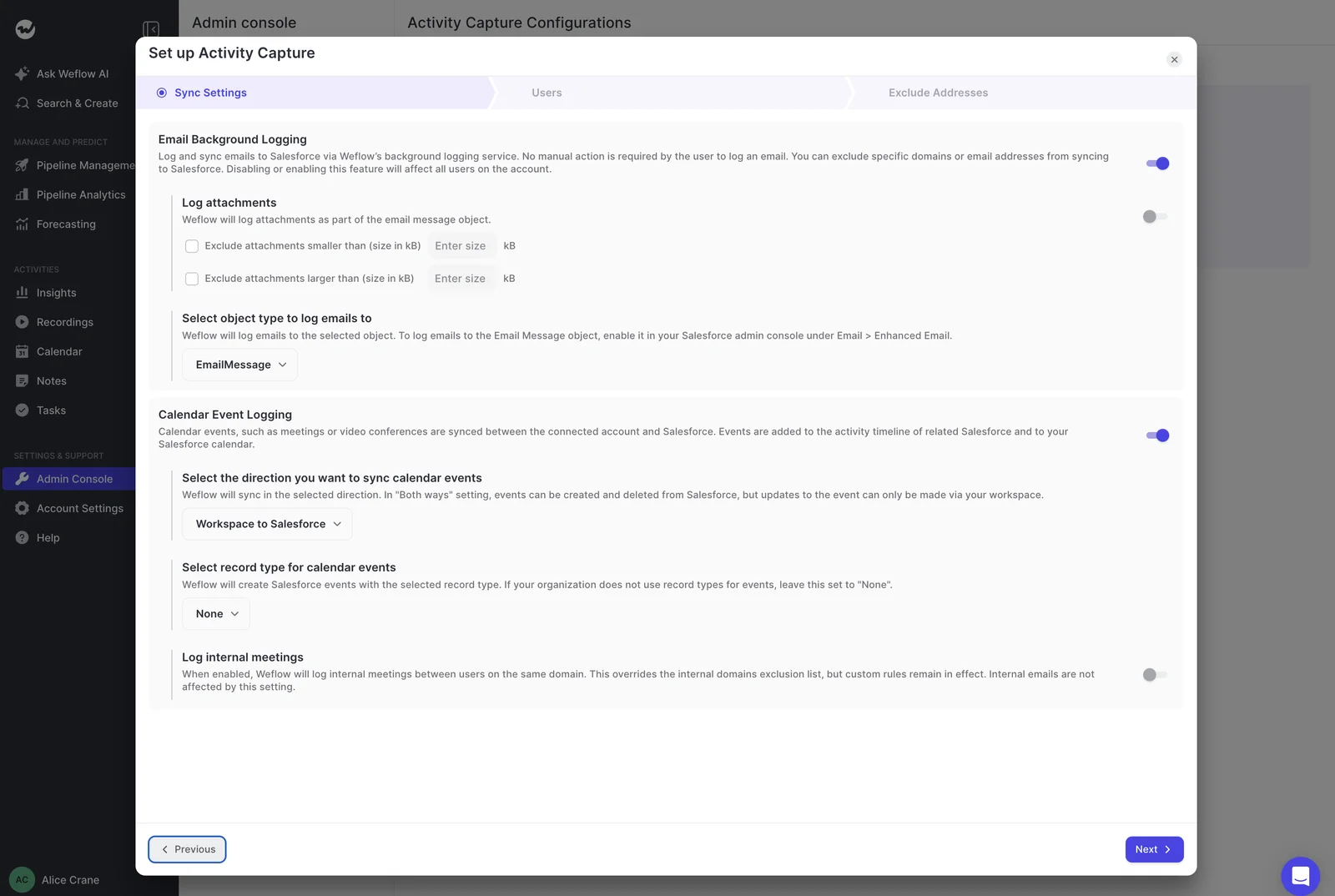 Weflow Activity Capture setup modal Sync Settings step with email background logging and calendar event logging options.