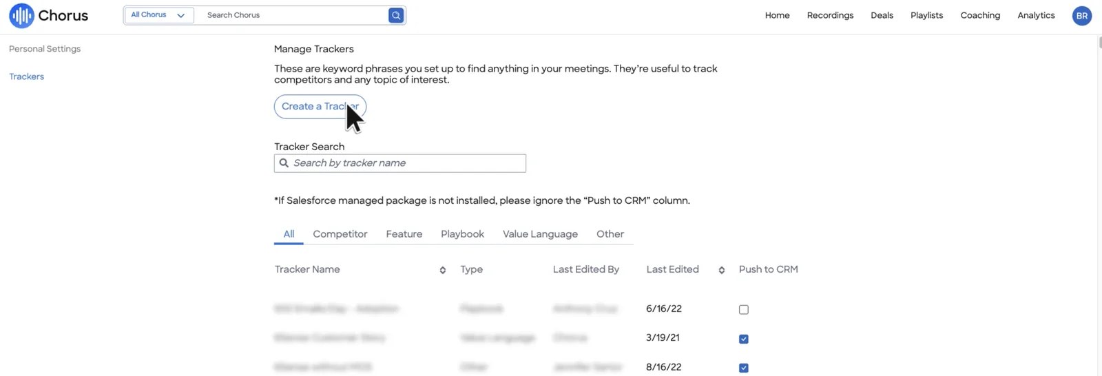 Chorus Manage Trackers screen with a Push to CRM column and a note that it requires the Salesforce managed package
