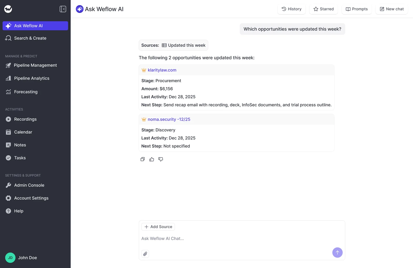 Weflow Ask AI answer citing one source and listing two updated opportunities with stage, amount, and next-step details.