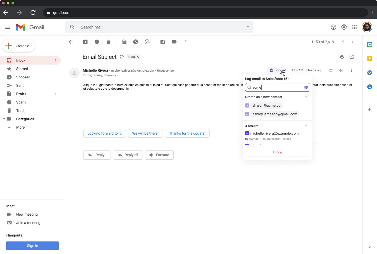 Weflow Gmail extension on a logged email showing the Logged badge and the Salesforce record list