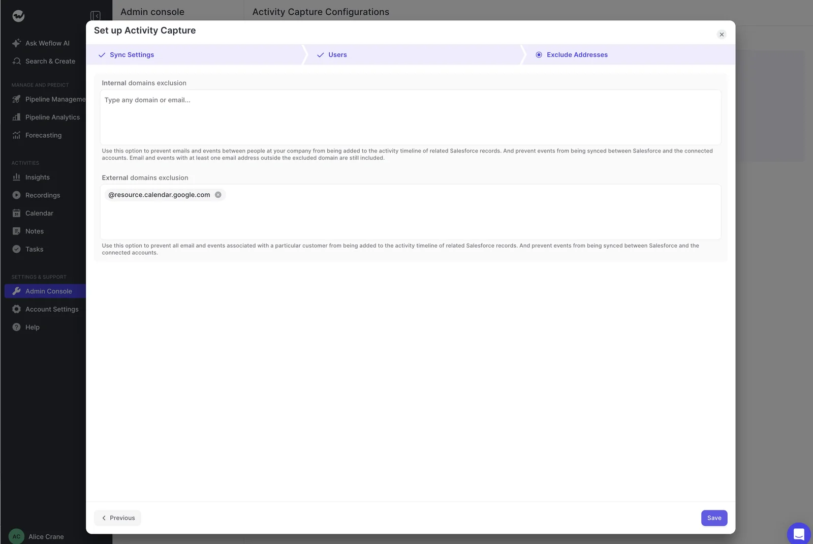 Weflow capture setup with internal and external domain exclusion fields.