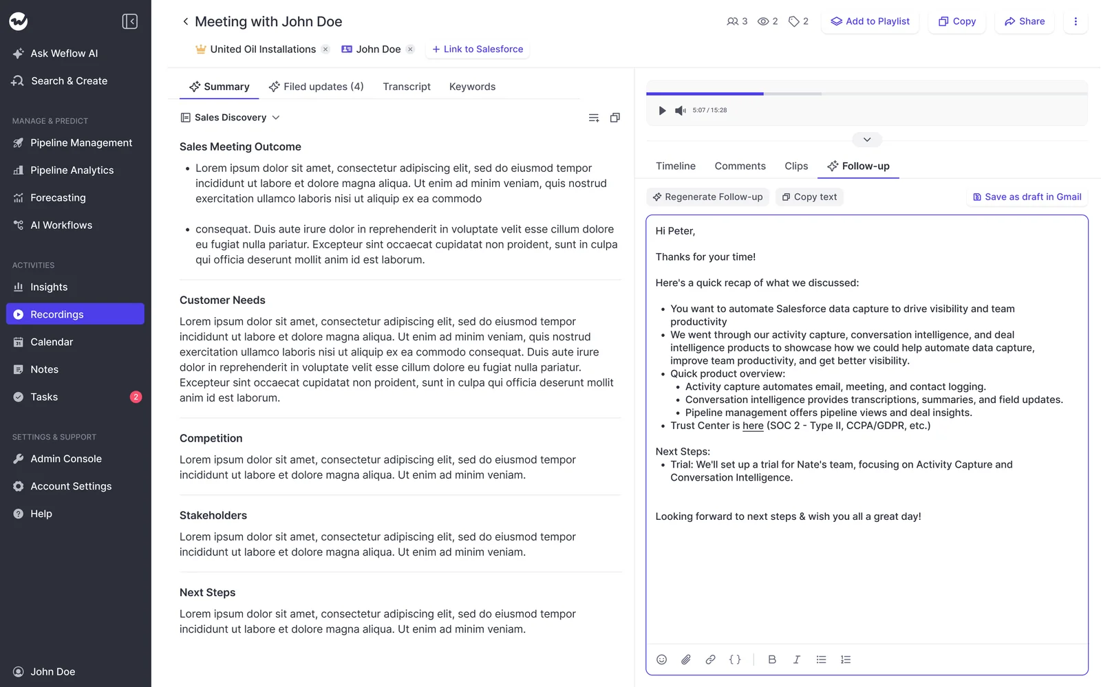 Weflow post-meeting follow-up email auto-generated from the call summary