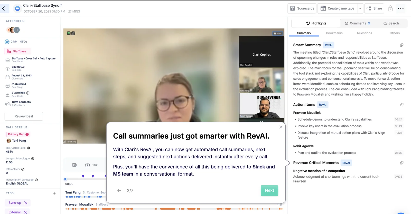 Clari Copilot call page with a RevAI smart summary, per-person action items and flagged revenue critical moments.