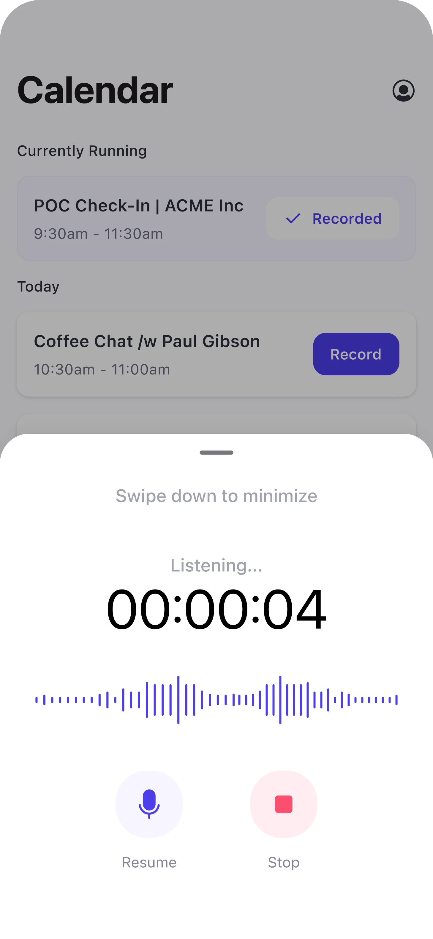 Weflow Mobile Copilot meeting recording in progress on iOS with a live timer, waveform, and Resume and Stop controls.
