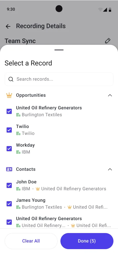 Weflow Mobile Copilot recording details screen on Android linking a recording to Salesforce Opportunities and Contacts.