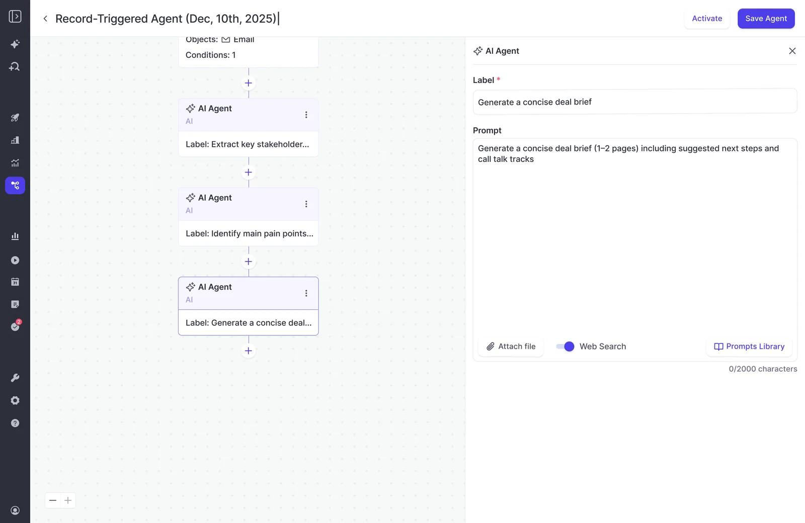 Weflow Agent Builder AI Agent configuration with Prompt, Attach file, and Web Search controls, shown in a record-triggered flow.