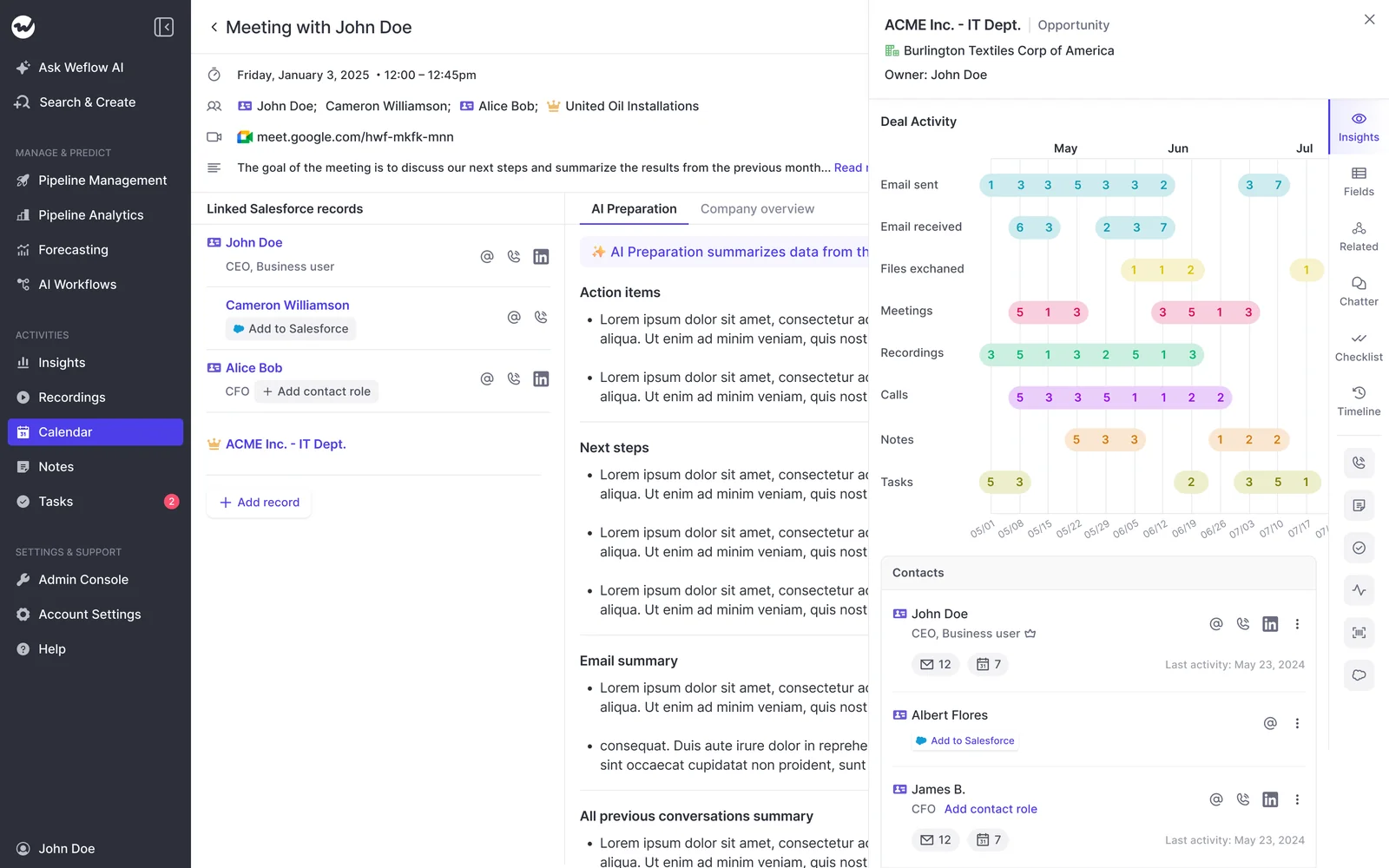 Weflow company overview panel showing a deal activity heatmap and contacts with last activity dates.