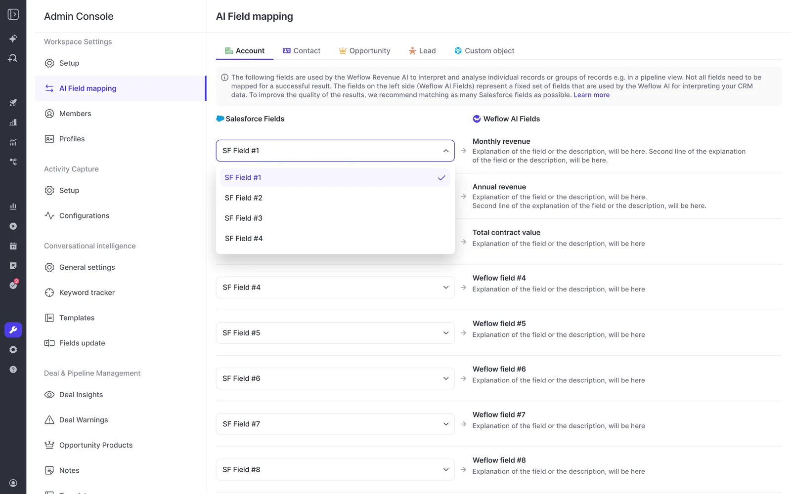 Weflow Admin Console AI Field mapping screen pairing Salesforce fields with Weflow AI fields via dropdowns.