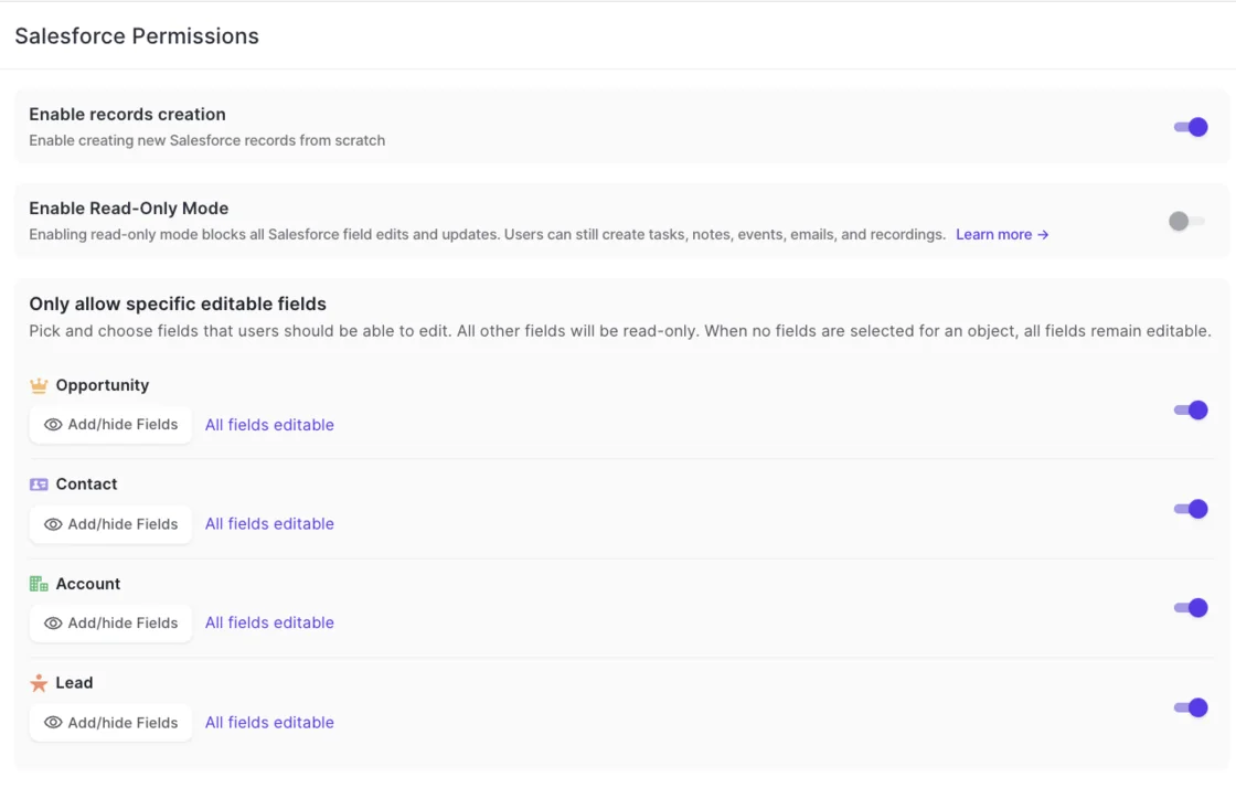 Weflow Salesforce Permissions settings showing record creation, read-only mode and per-object editable field controls