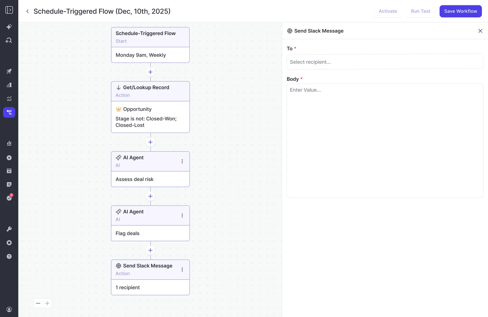 Weflow Agent Builder weekly deal-risk workflow with an opportunity lookup, risk assessment steps, and a Send Slack Message action.