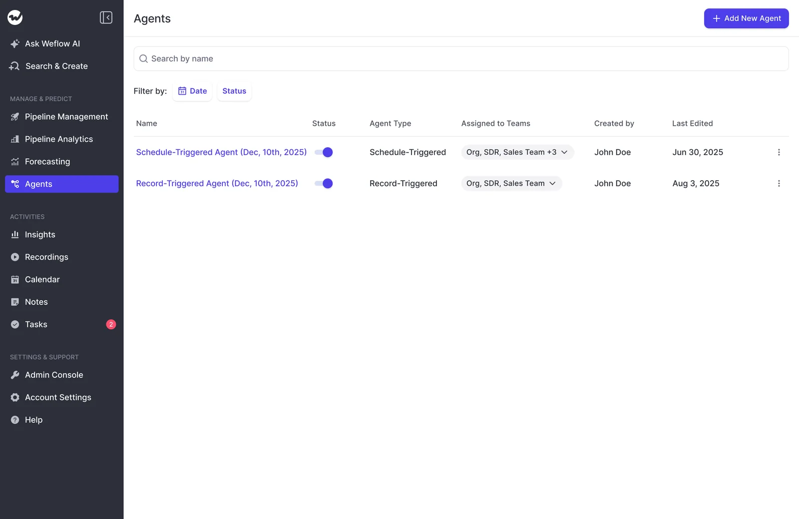 Weflow Agents page showing schedule-triggered agents, status controls, and Add New Agent.