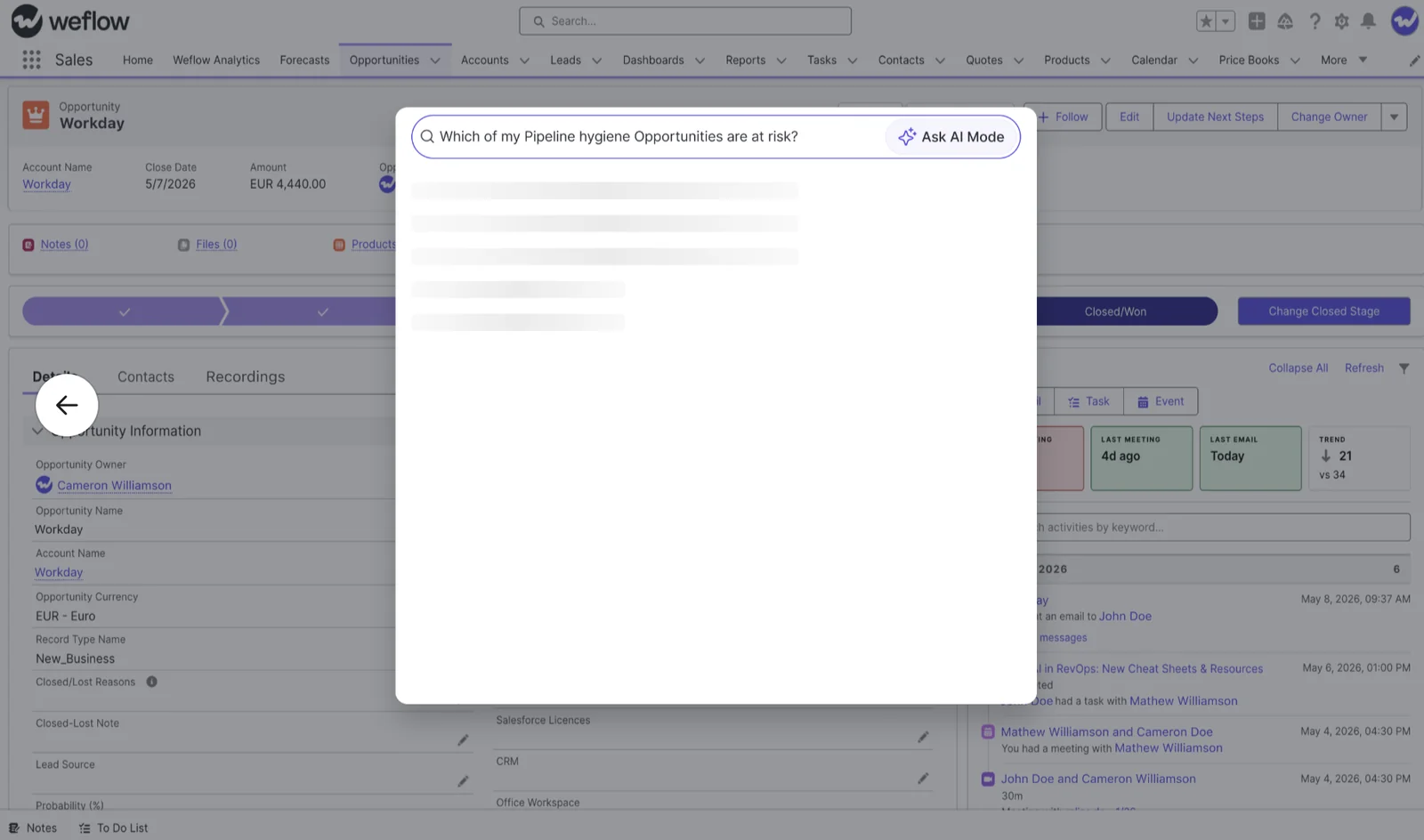 Weflow Ask AI Mode open over a Salesforce opportunity, asking which pipeline opportunities are at risk.