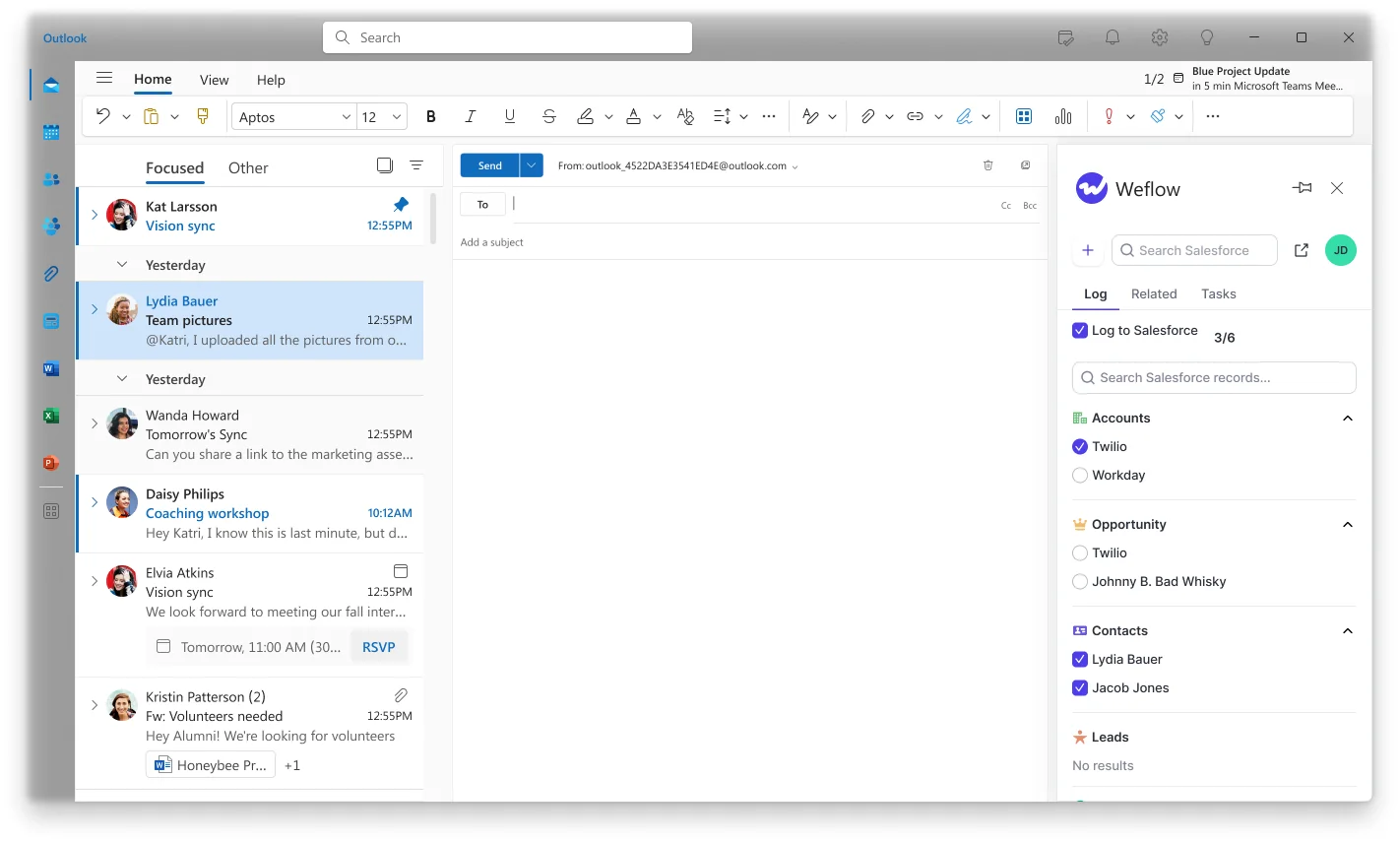 Weflow Outlook add-in with a Salesforce record selected for logging
