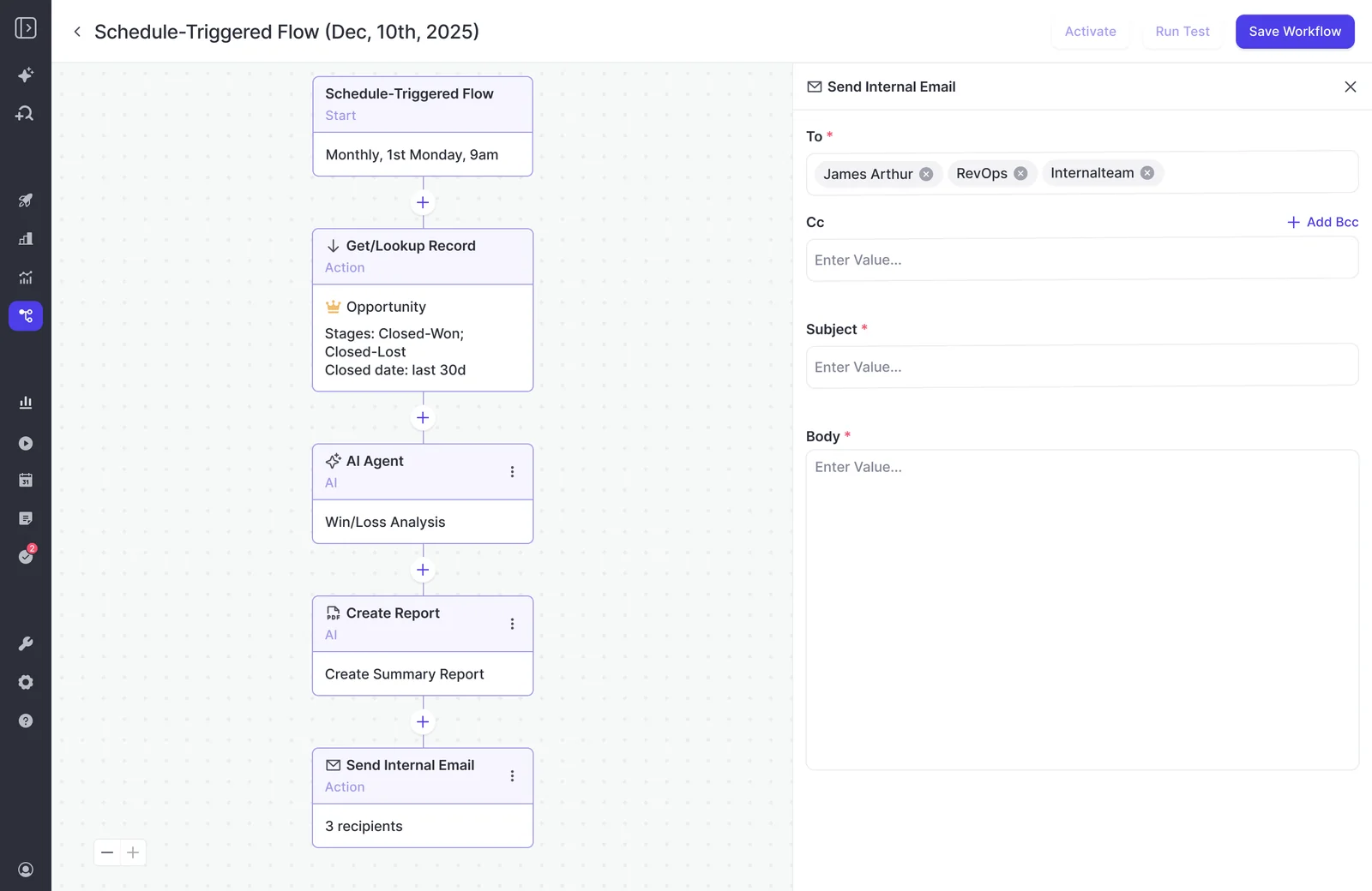 Weflow Agent Builder monthly win-loss analysis flow with report creation and internal email
