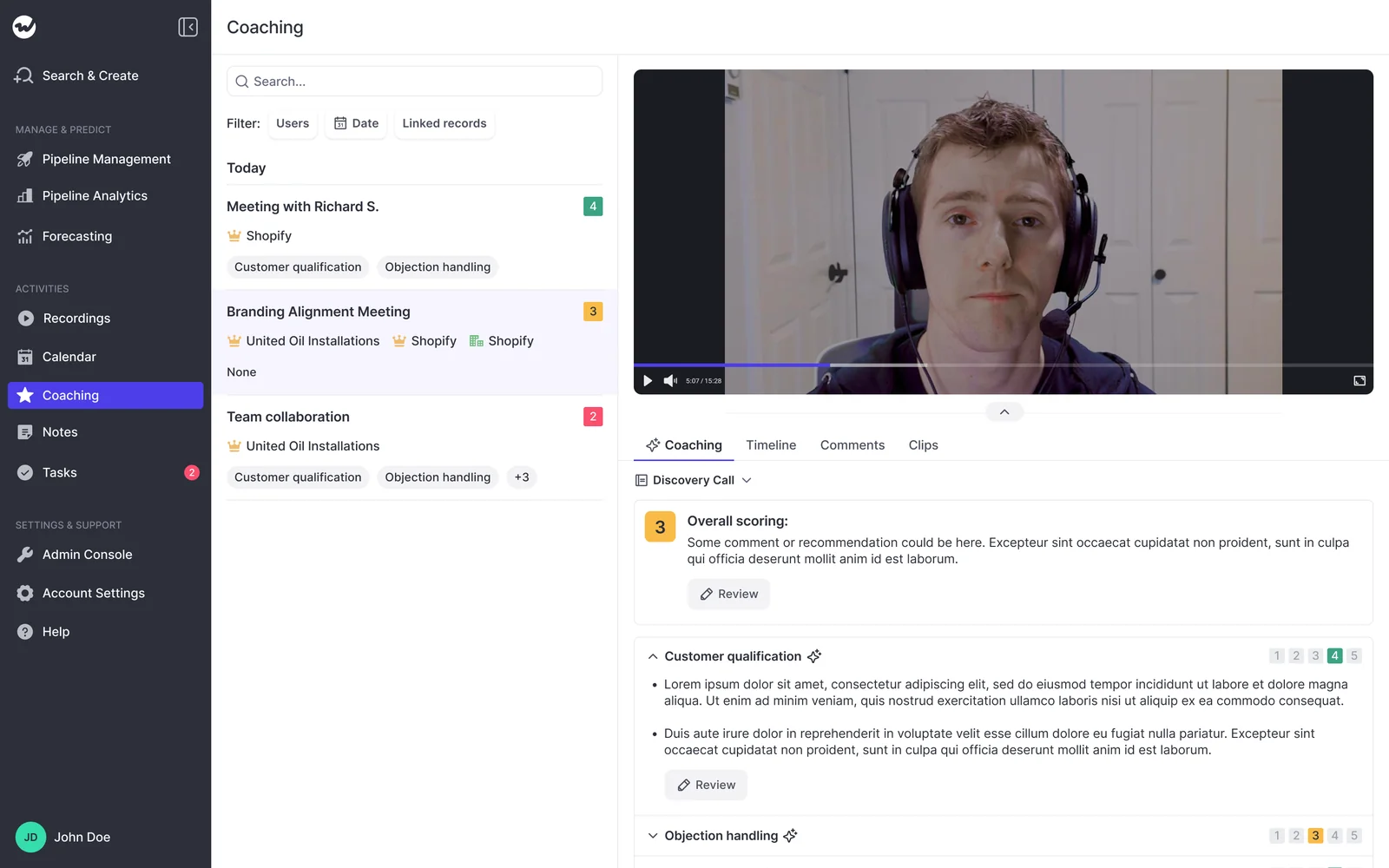 Weflow Coaching inbox with discovery call scoring on the right