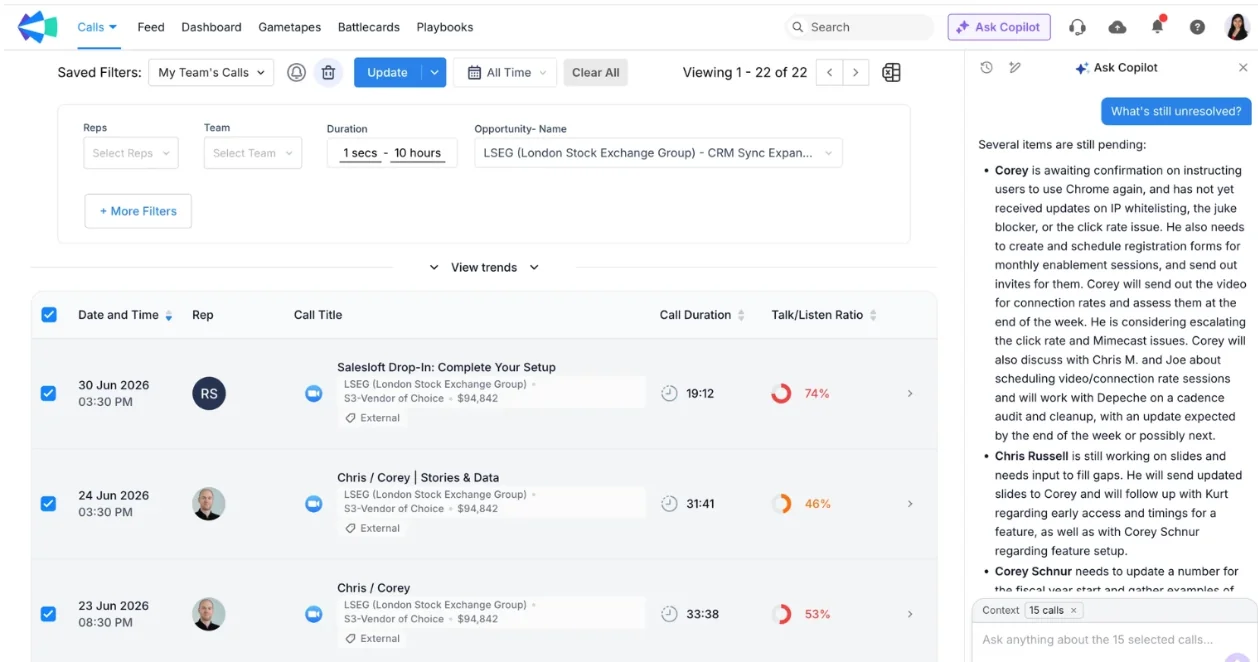 Clari Copilot calls list with the Ask Copilot side panel answering a question across fifteen selected calls.
