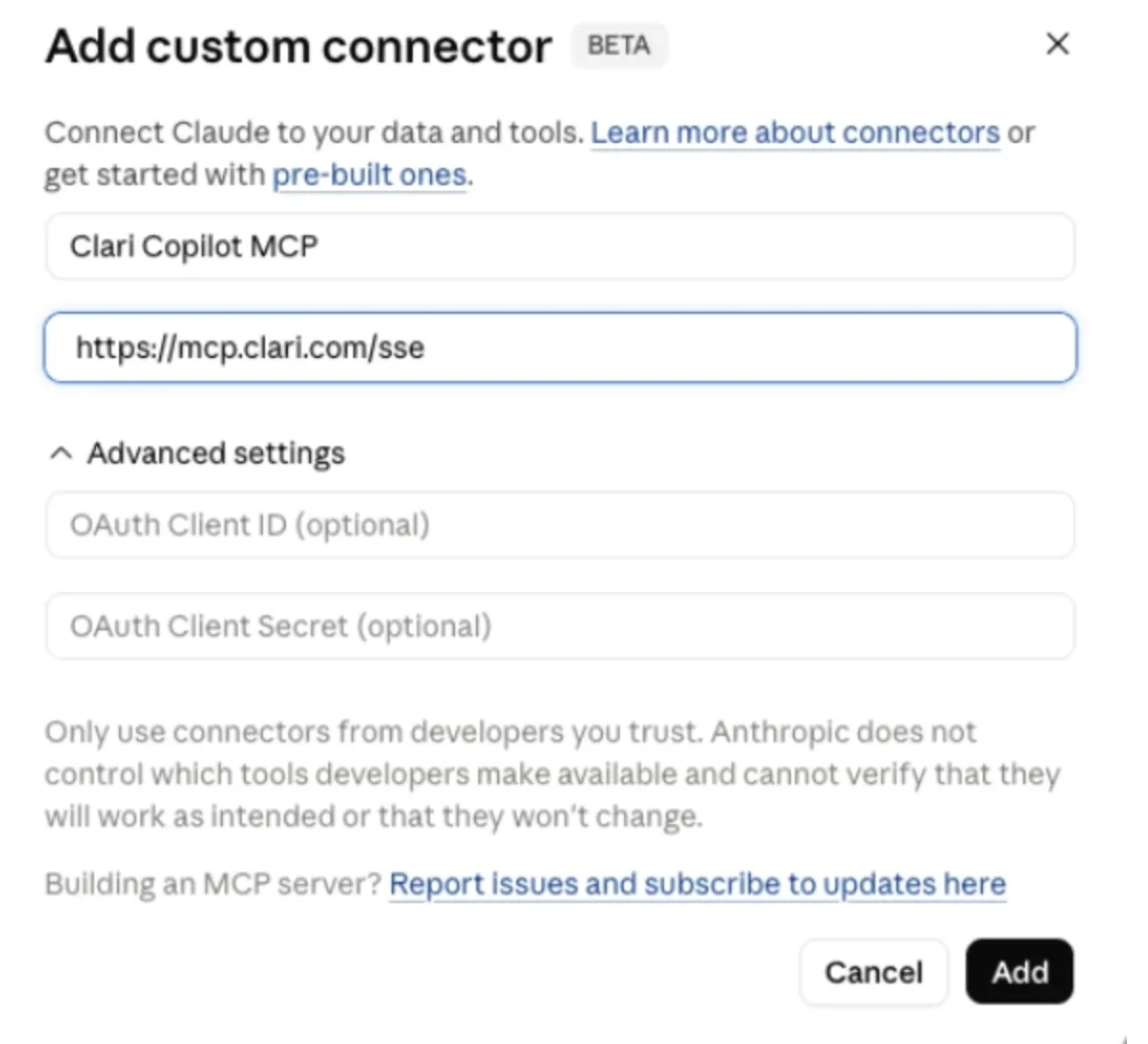 Claude Add custom connector dialog with the Clari Copilot MCP server name and endpoint filled in.