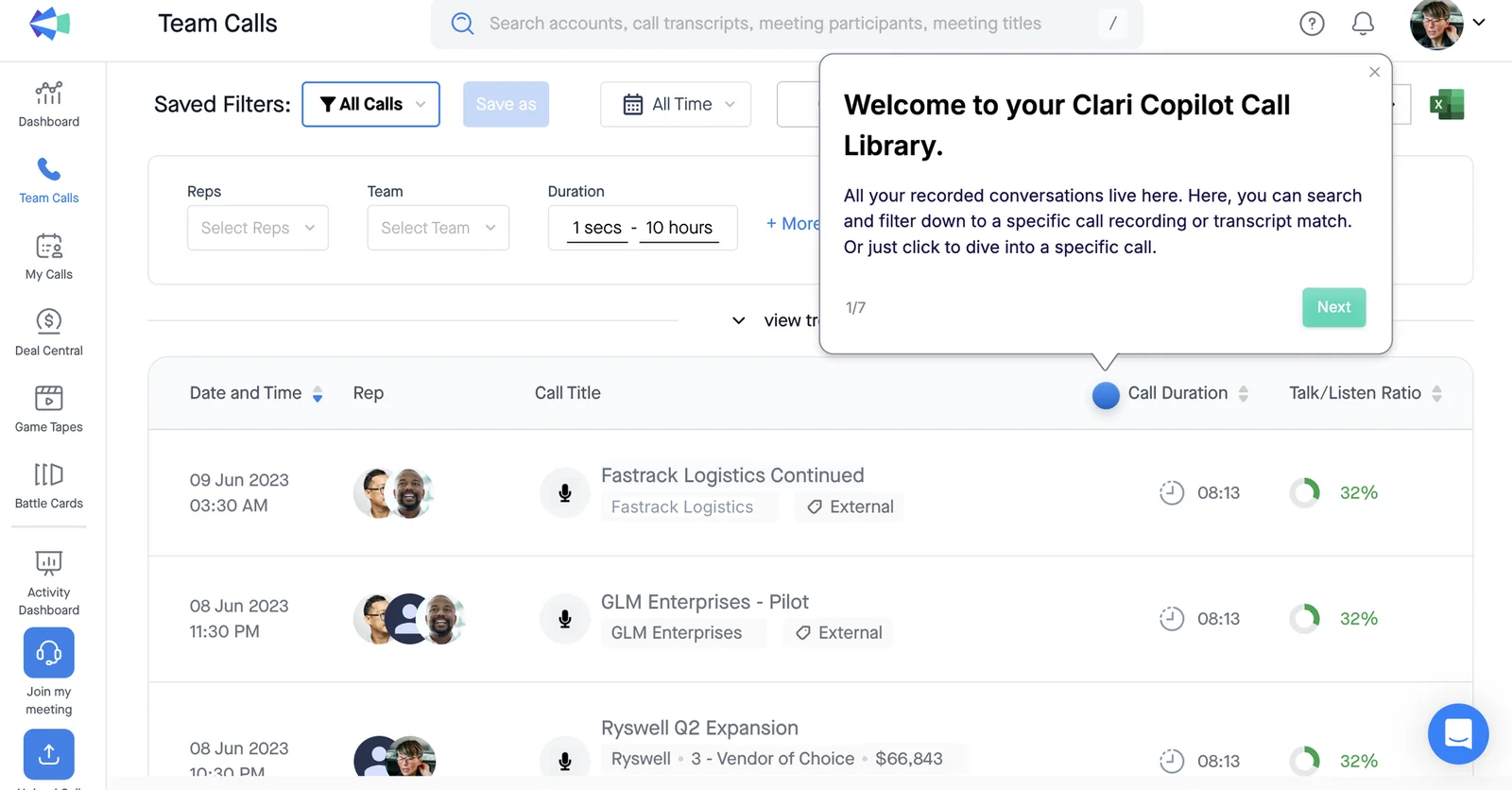 Clari Copilot Team Calls list with saved filters and per-call duration and talk to listen ratio.