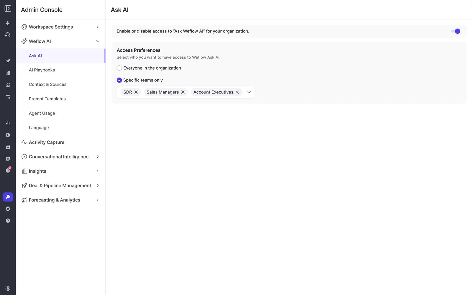 Weflow Admin Console Ask AI screen restricting access to specific teams via selectable chips.