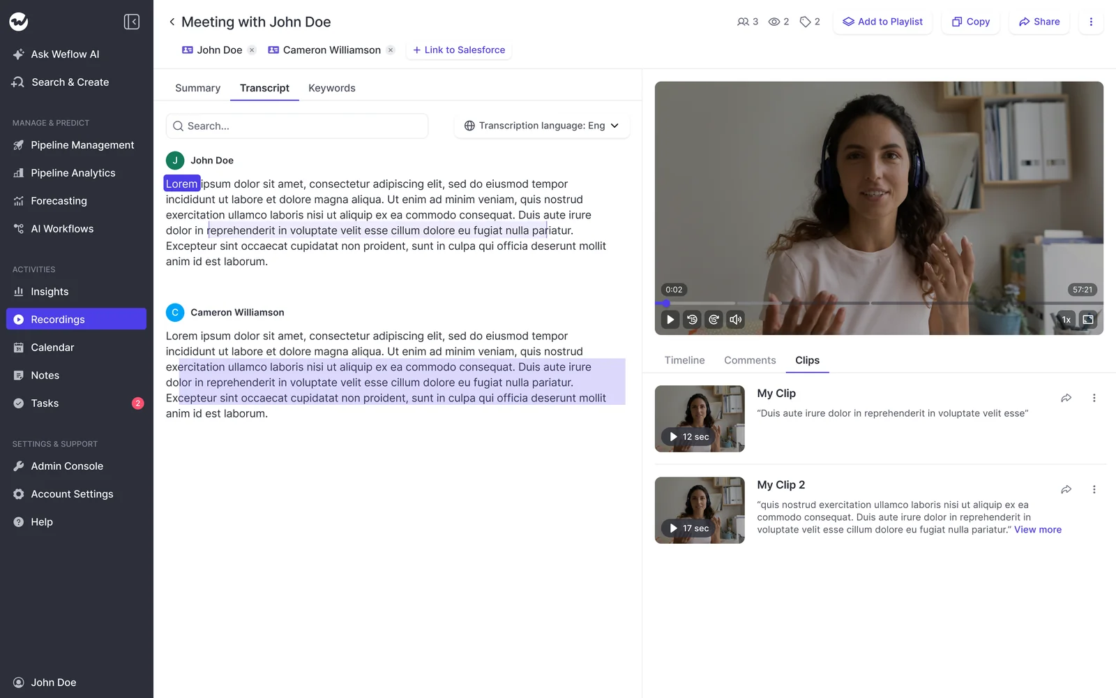 Weflow meeting transcript with highlighted text and two saved clips