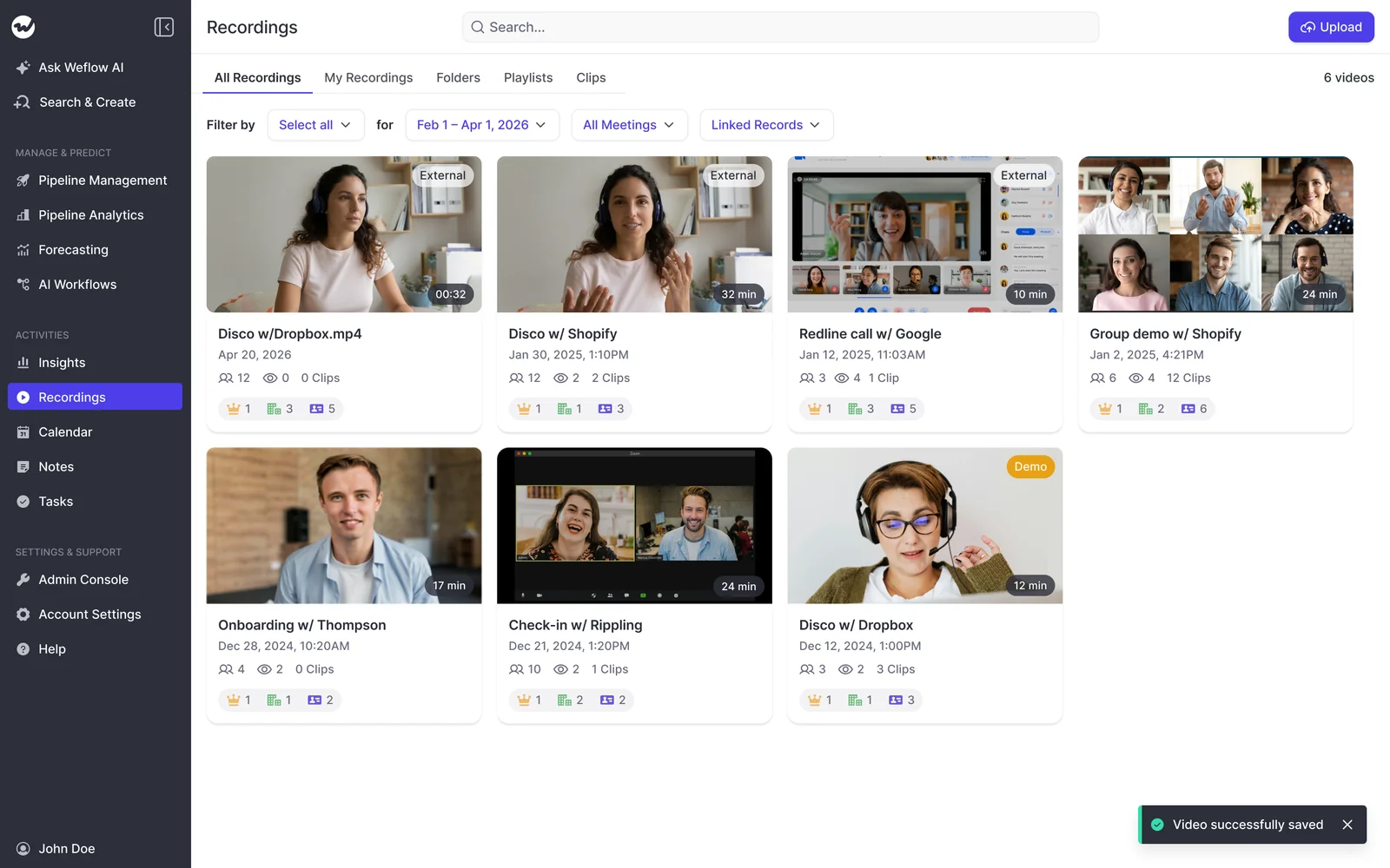 Weflow Recordings library showing call recordings in grid view inside Conversation Intelligence