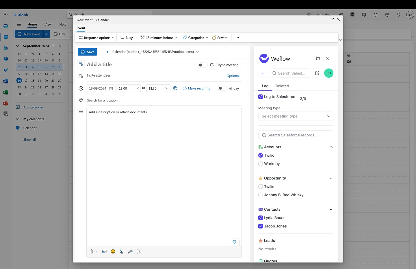 Weflow Outlook add-in showing Salesforce account, opportunity, and contact mapping controls beside a new calendar event.