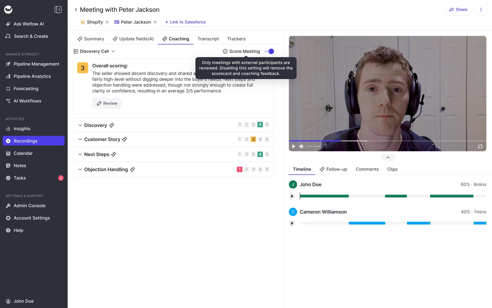 Weflow Score Meeting toggle with tooltip explaining external-participant-only coaching rule