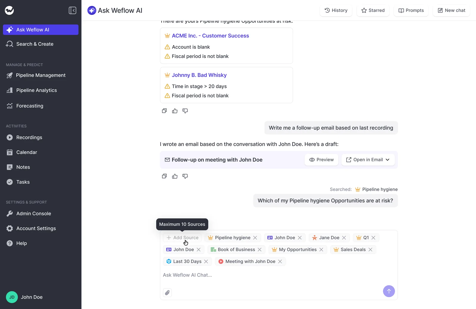 Weflow Ask AI screen showing at-risk opportunities, a drafted follow-up email, and a source-picker with ten attached sources
