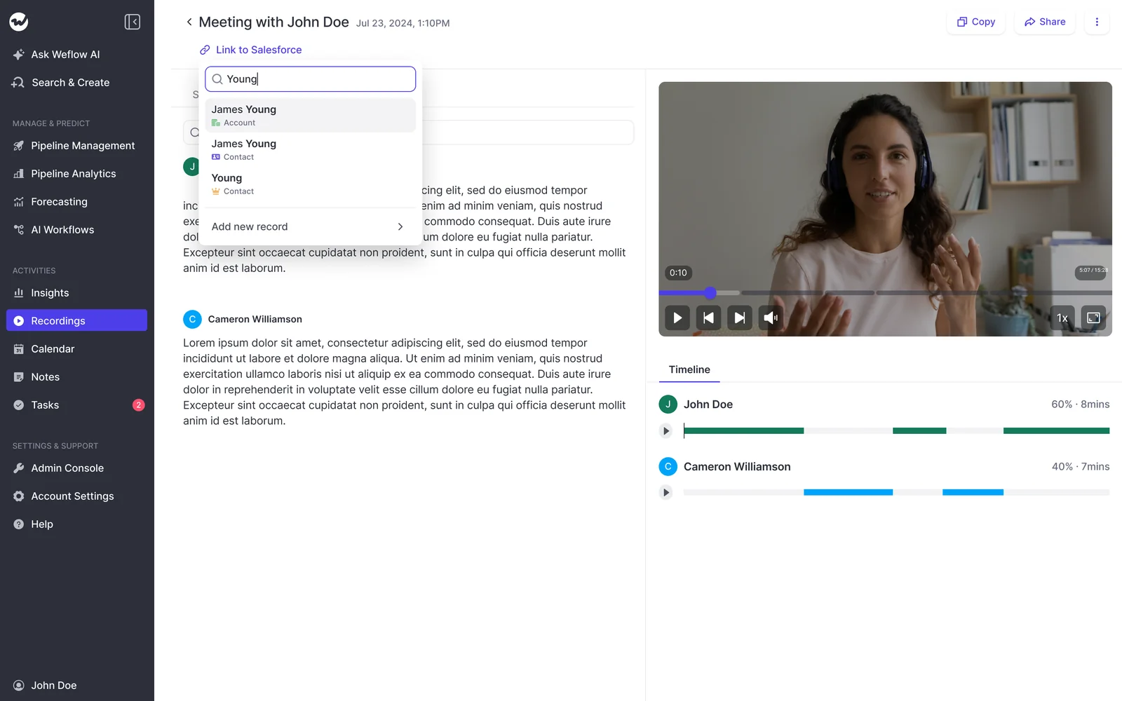 Weflow recording with Link to Salesforce search dropdown showing matching account and contact records