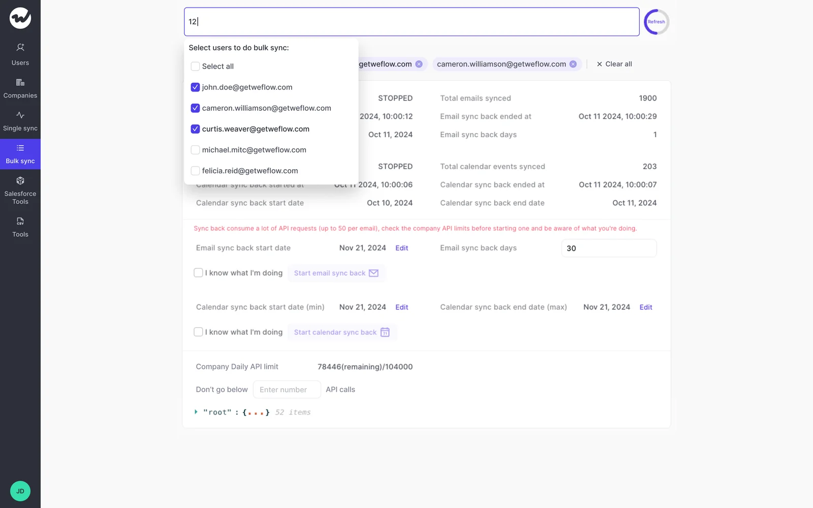 Weflow Admin Console email sync-back screen showing selected users and email and calendar sync statistics.