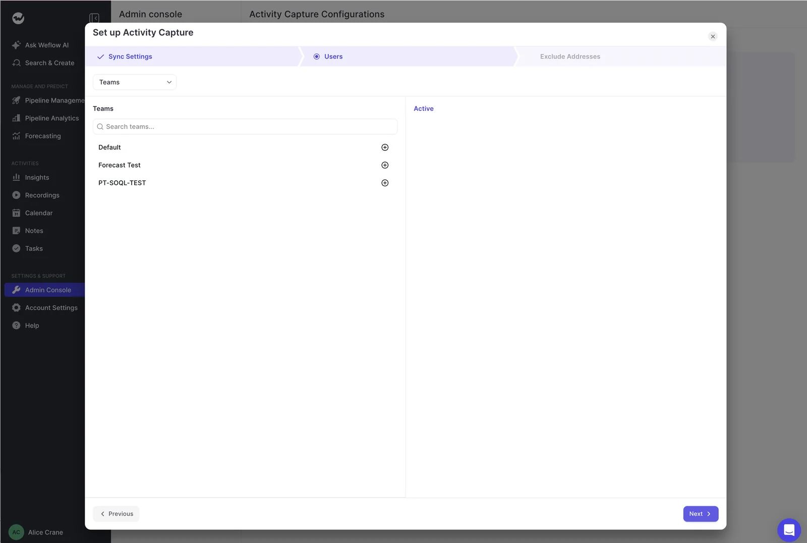 Weflow Activity Capture setup modal Users step listing selectable teams to activate for capture.