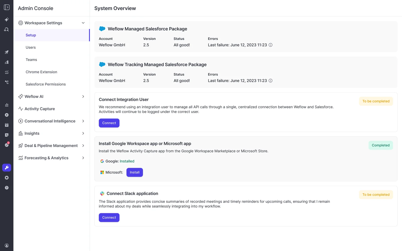 Weflow Admin Console System Overview showing Salesforce managed packages and integration setup steps including Slack.