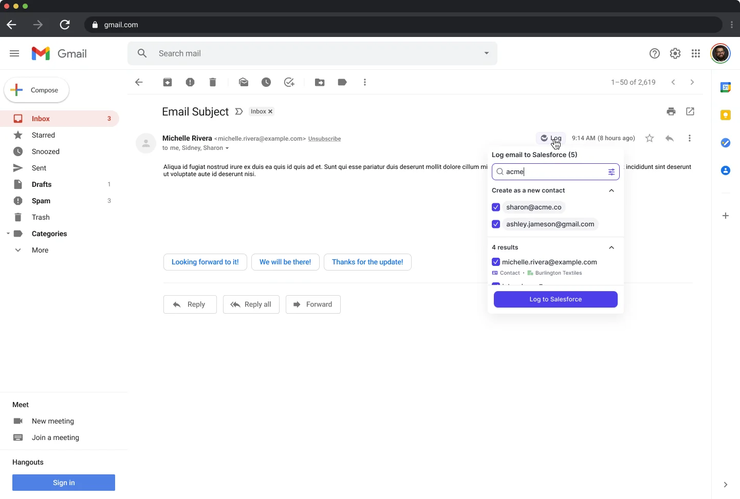 Weflow Gmail add-in logging an email to Salesforce with account and contact matching