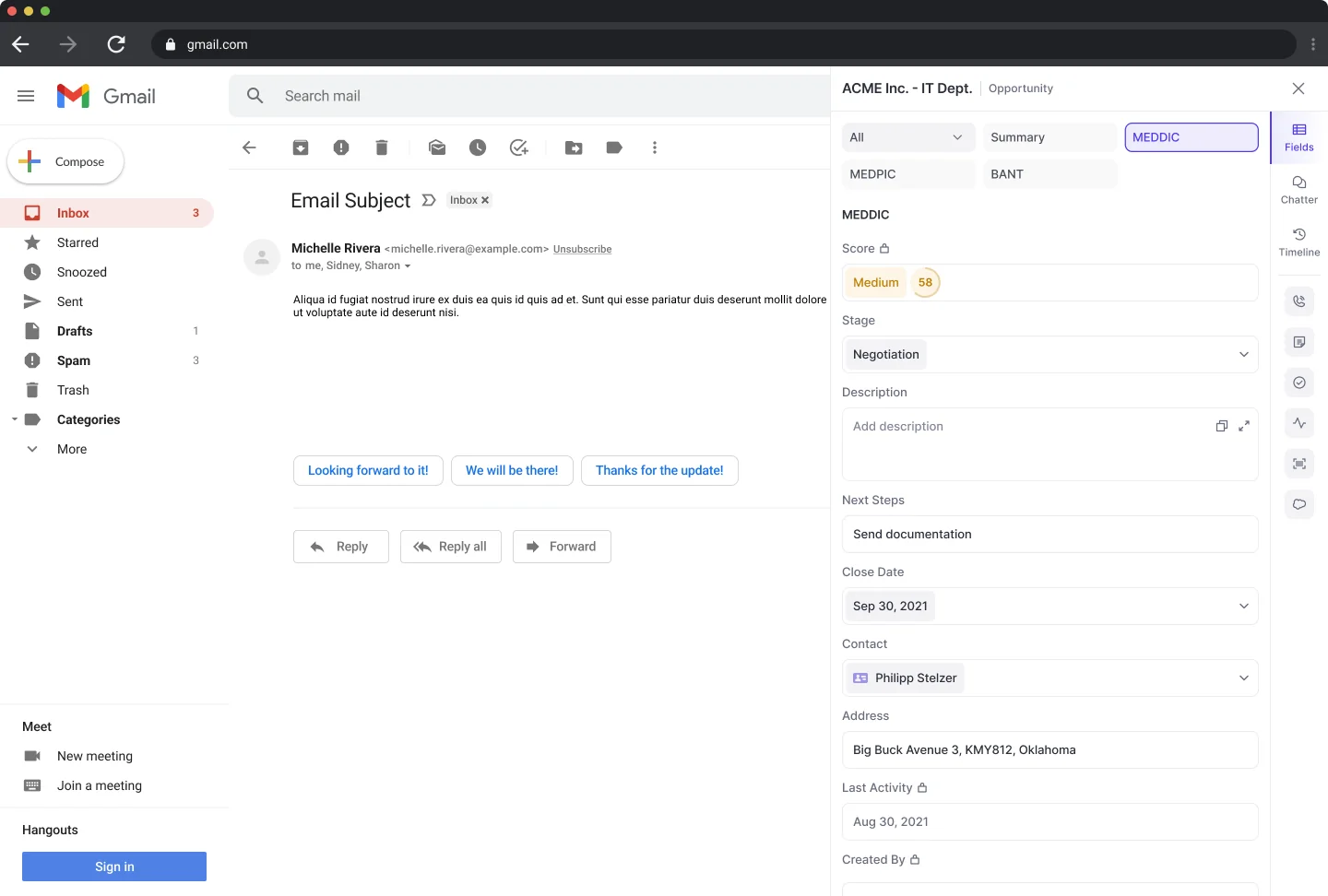 Weflow Gmail add-in showing linked Salesforce opportunity with MEDDIC scoring fields